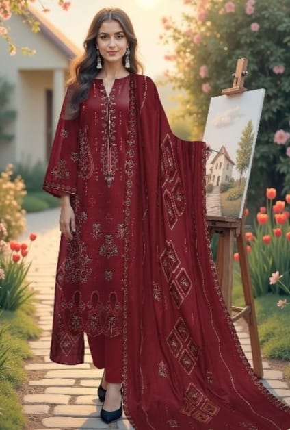 3pc- Embroidered   dhanak D 64