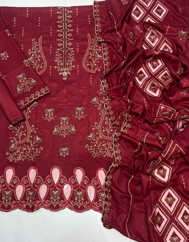 3pc- Embroidered   dhanak D 64